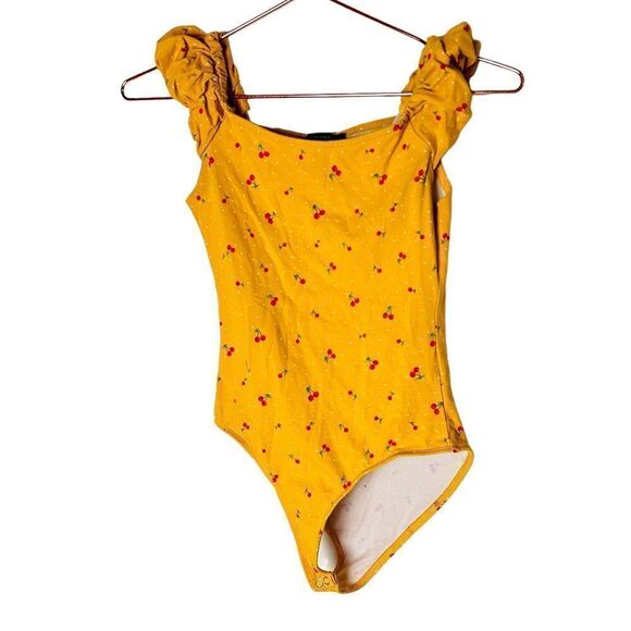 EUC Forever 21 Yellow Cherry Print Bodysuit Small - Picture 1 of 6